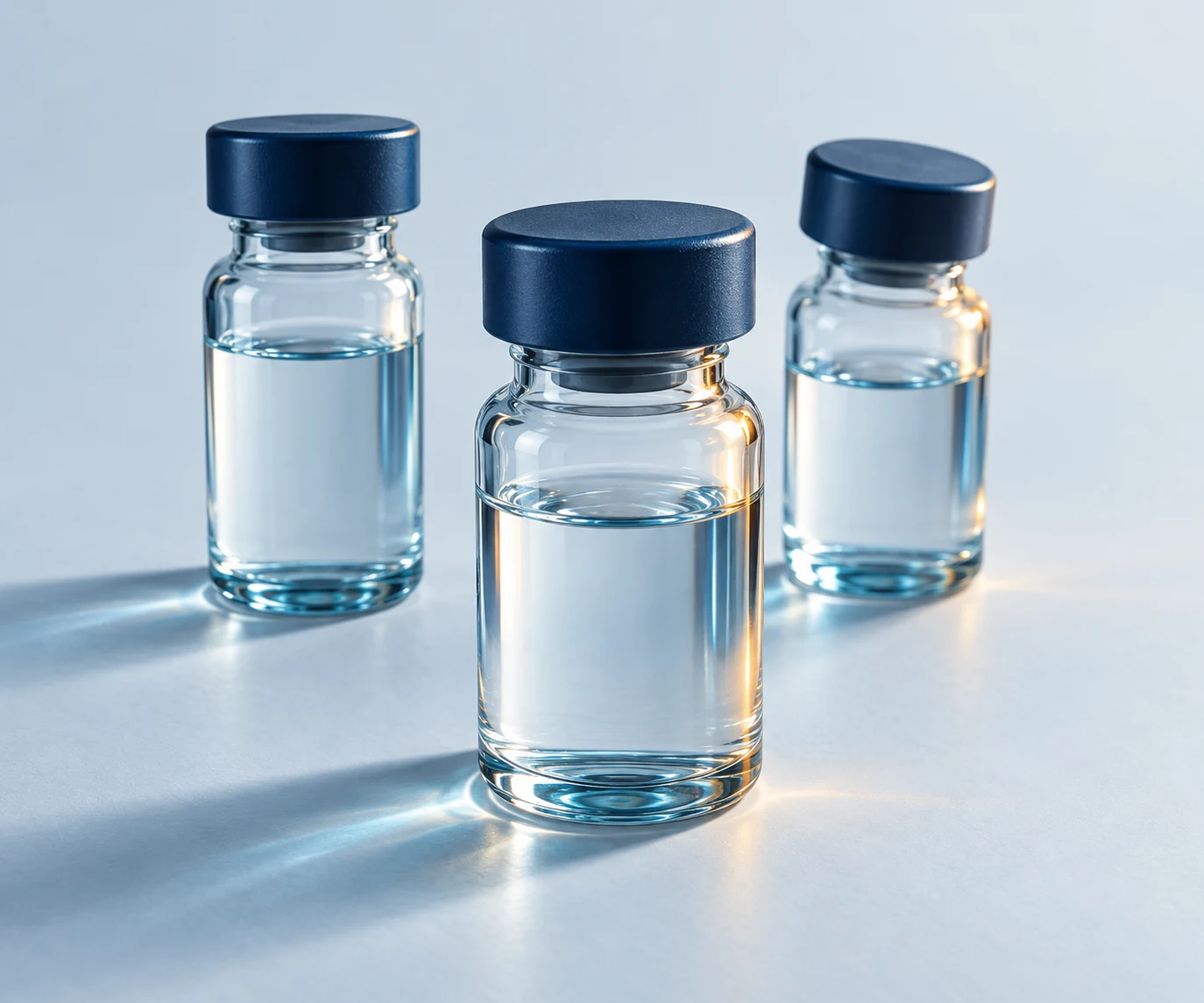 Illustration of clear sample vials with blue caps and cool light passing through the glass